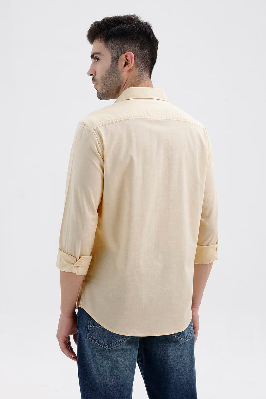 BASICS SLIM FIT CLOUD YELLOW COTTON SLUB DOBBY SHIRT