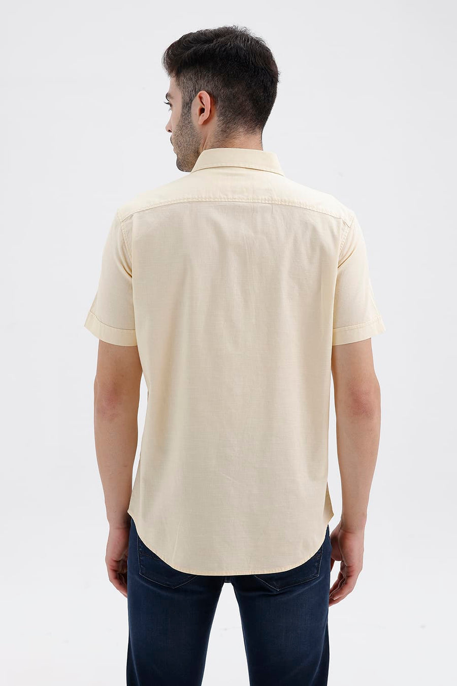 BASICS SLIM FIT CLOUD YELLOW COTTON SLUB DOBBY HALFSLEEVES SHIRT
