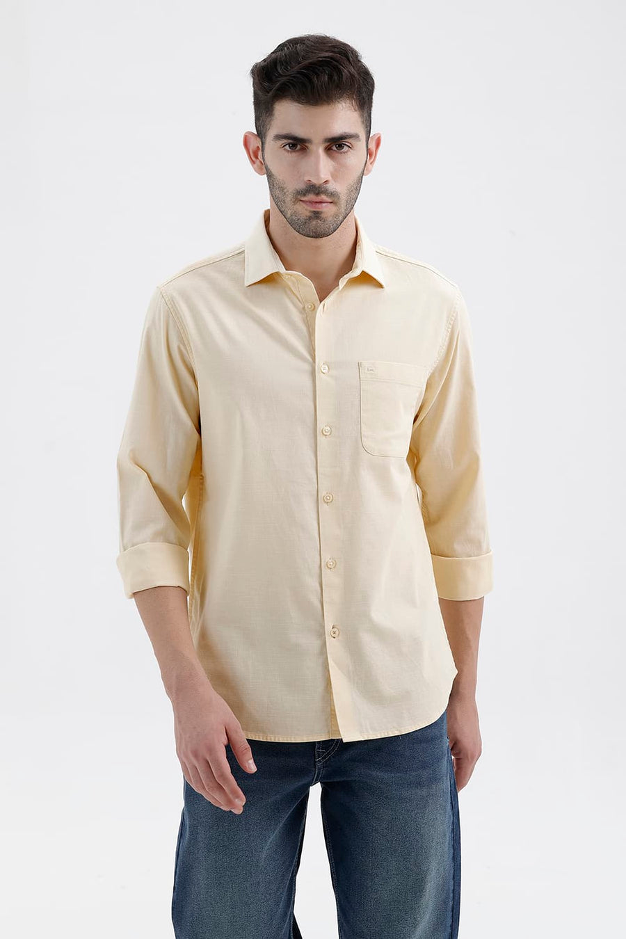 BASICS SLIM FIT CLOUD YELLOW COTTON SLUB DOBBY SHIRT