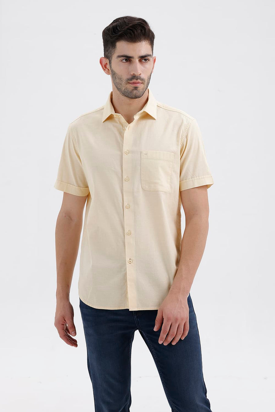BASICS SLIM FIT CLOUD YELLOW COTTON SLUB DOBBY HALFSLEEVES SHIRT