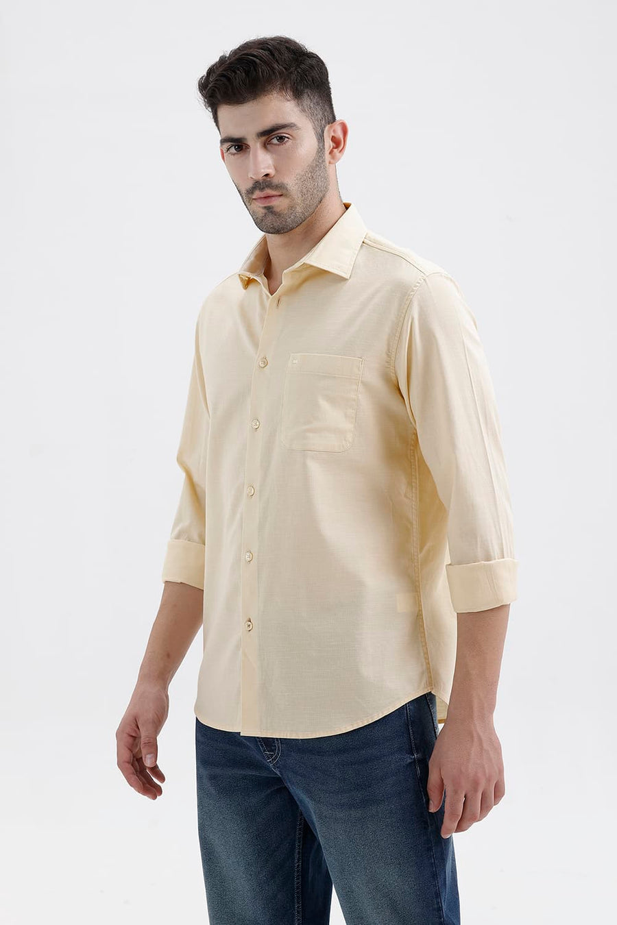 BASICS SLIM FIT CLOUD YELLOW COTTON SLUB DOBBY SHIRT