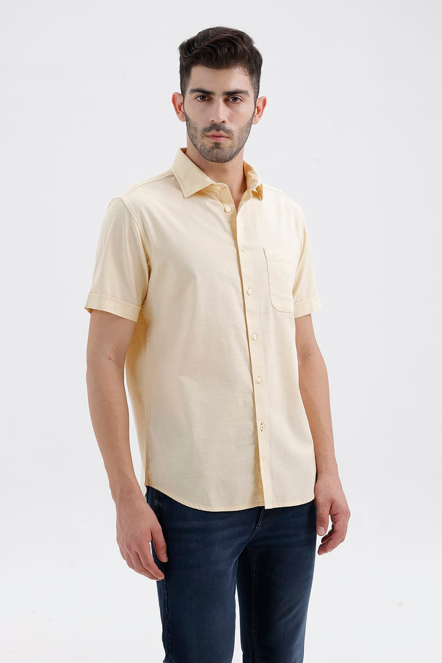 BASICS SLIM FIT CLOUD YELLOW COTTON SLUB DOBBY HALFSLEEVES SHIRT