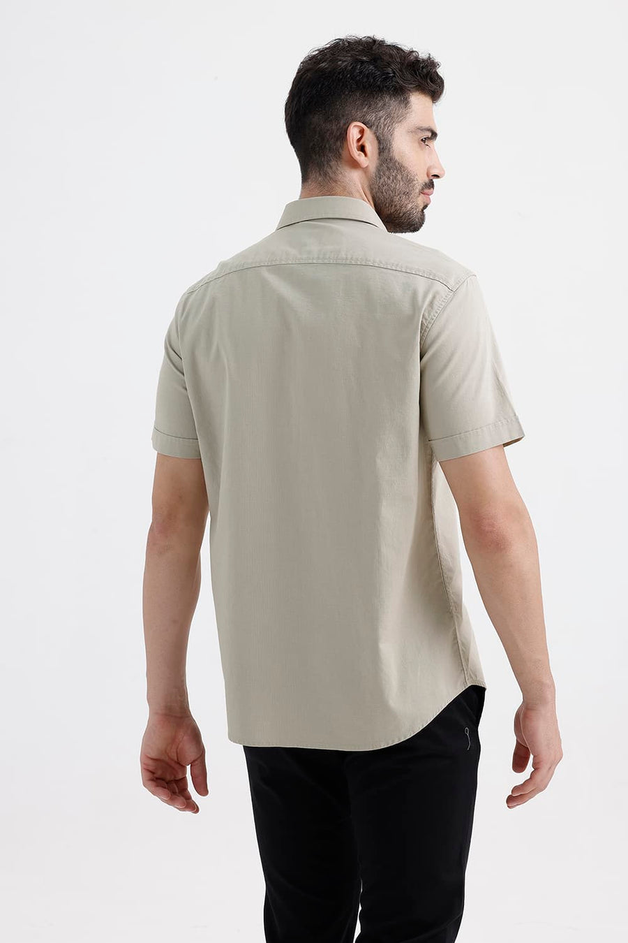 BASICS SLIM FIT SILVER SAGE COTTON SLUB DOBBY HALFSLEEVES SHIRT