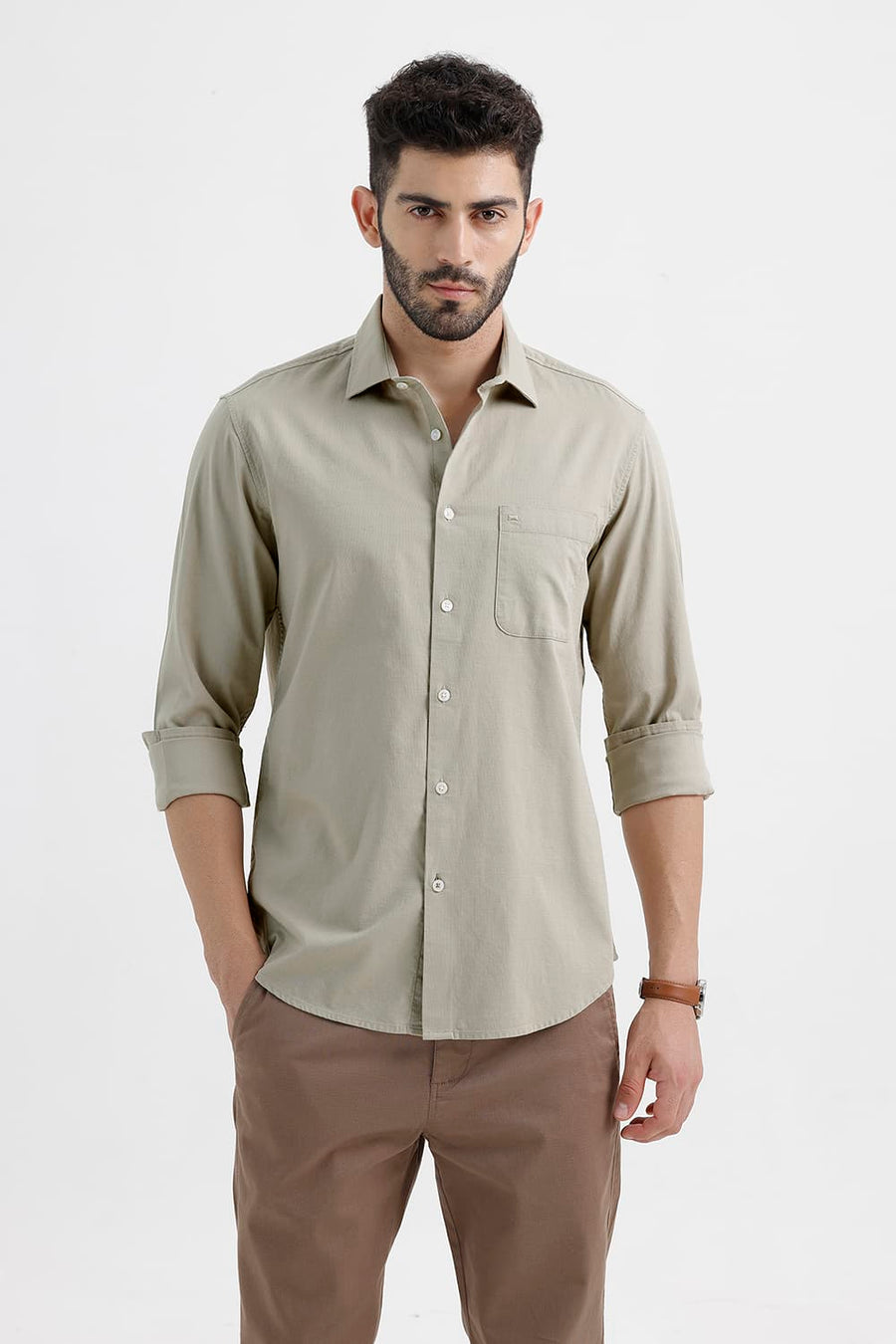BASICS SLIM FIT SILVER SAGE COTTON SLUB DOBBY SHIRT