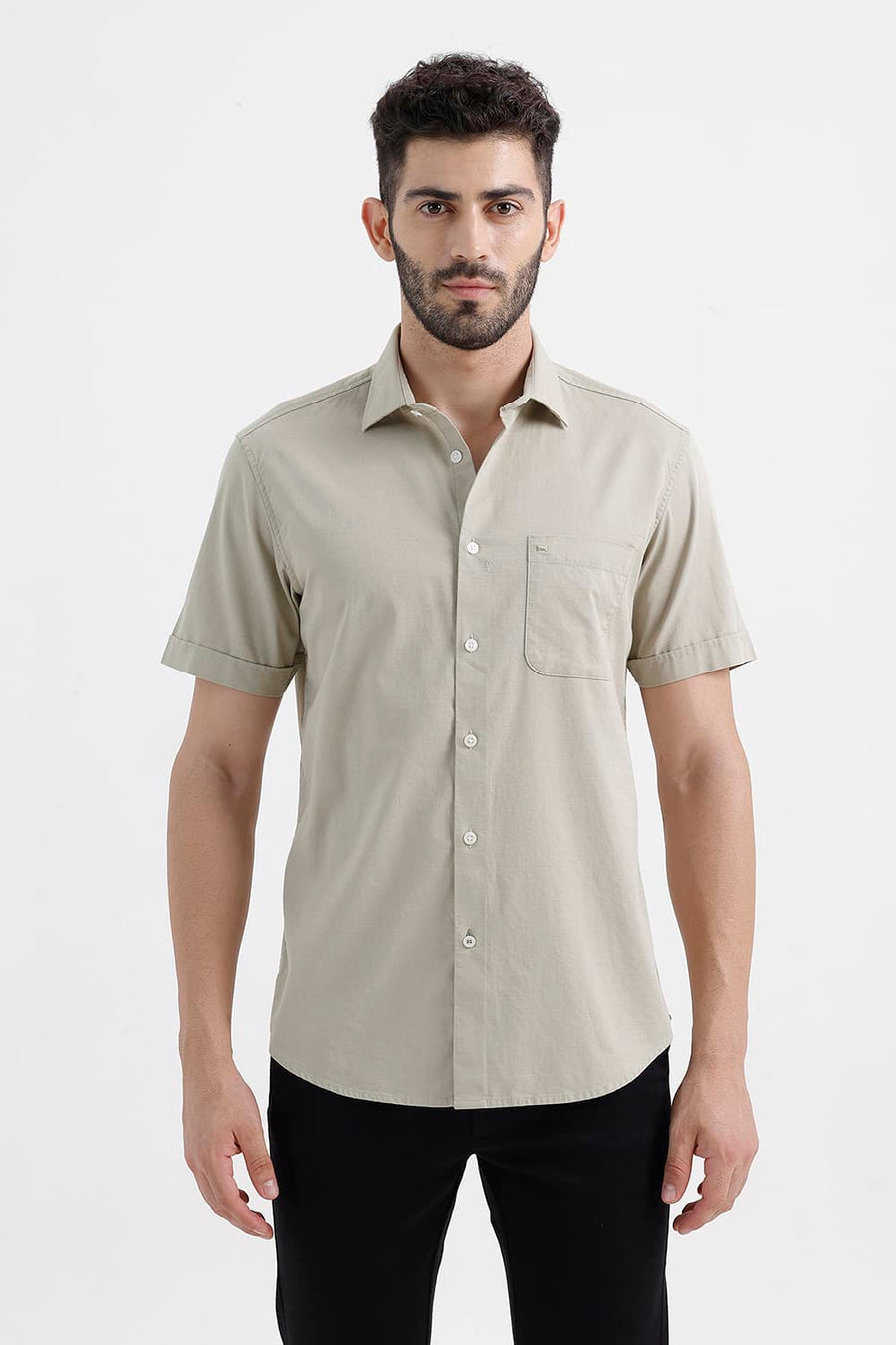 BASICS SLIM FIT SILVER SAGE COTTON SLUB DOBBY HALFSLEEVES SHIRT