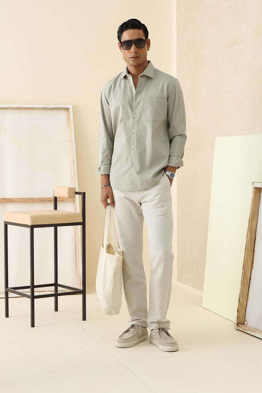 Basics Slim Fit Silver Sage Cotton Slub Dobby Shirt
