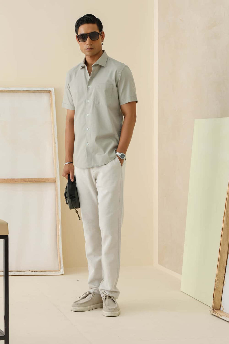 Basics Slim Fit Silver Sage Cotton Slub Dobby Halfsleeves Shirt
