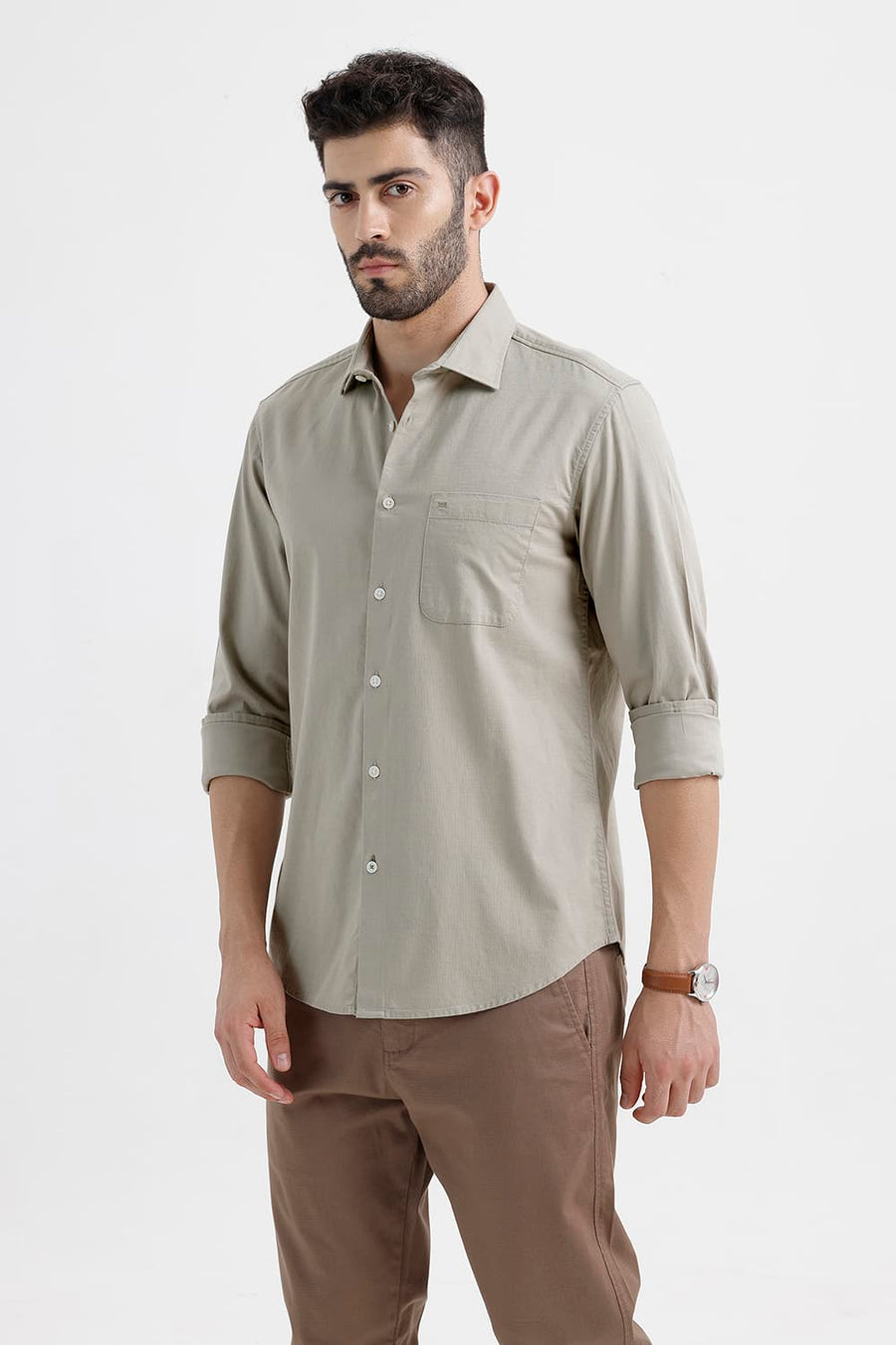 BASICS SLIM FIT SILVER SAGE COTTON SLUB DOBBY SHIRT
