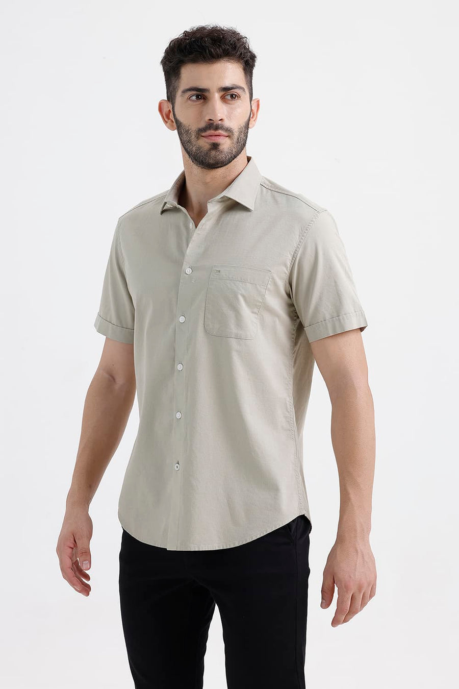 BASICS SLIM FIT SILVER SAGE COTTON SLUB DOBBY HALFSLEEVES SHIRT