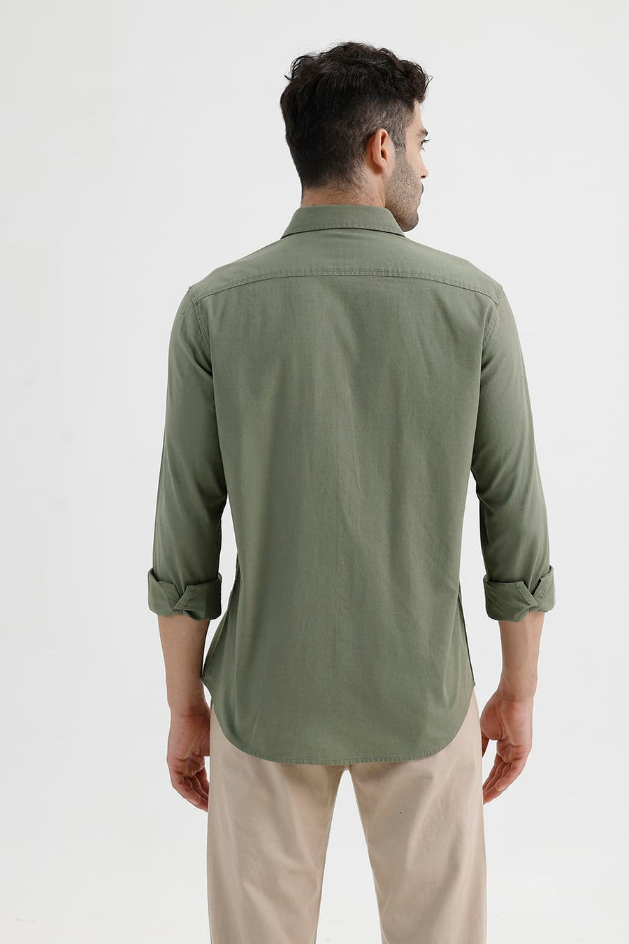 BASICS SLIM FIT LICHEN GREEN COTTON SLUB DOBBY SHIRT