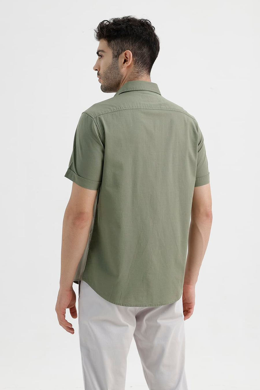 BASICS SLIM FIT LICHEN GREEN COTTON SLUB DOBBY HALFSLEEVES SHIRT