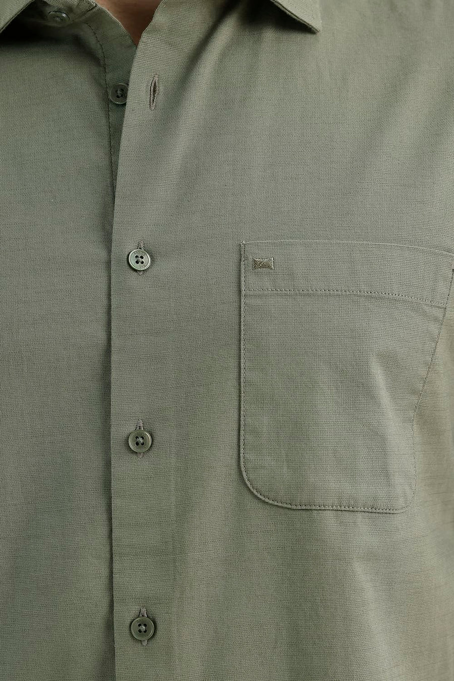 BASICS SLIM FIT LICHEN GREEN COTTON SLUB DOBBY SHIRT