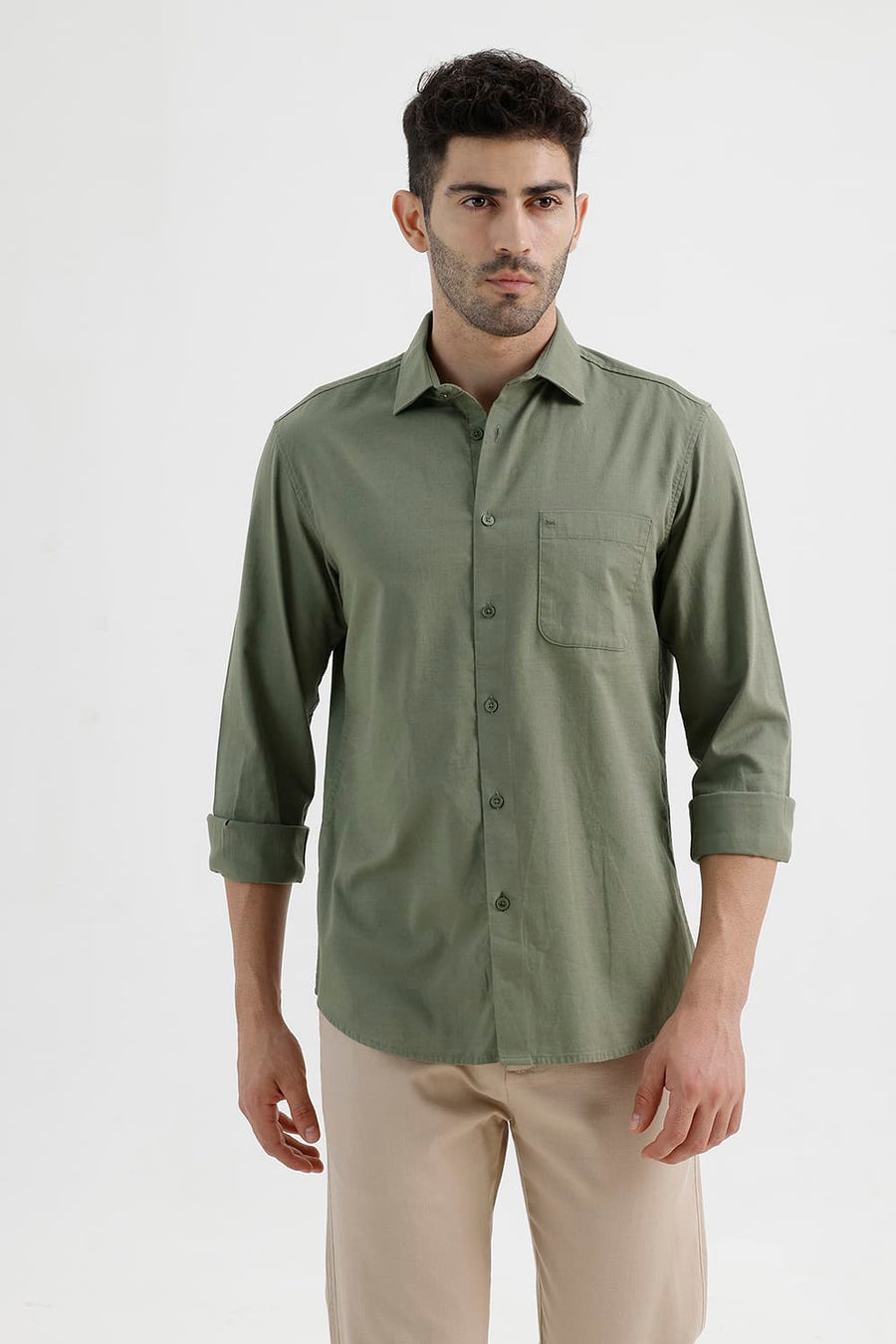 BASICS SLIM FIT LICHEN GREEN COTTON SLUB DOBBY SHIRT