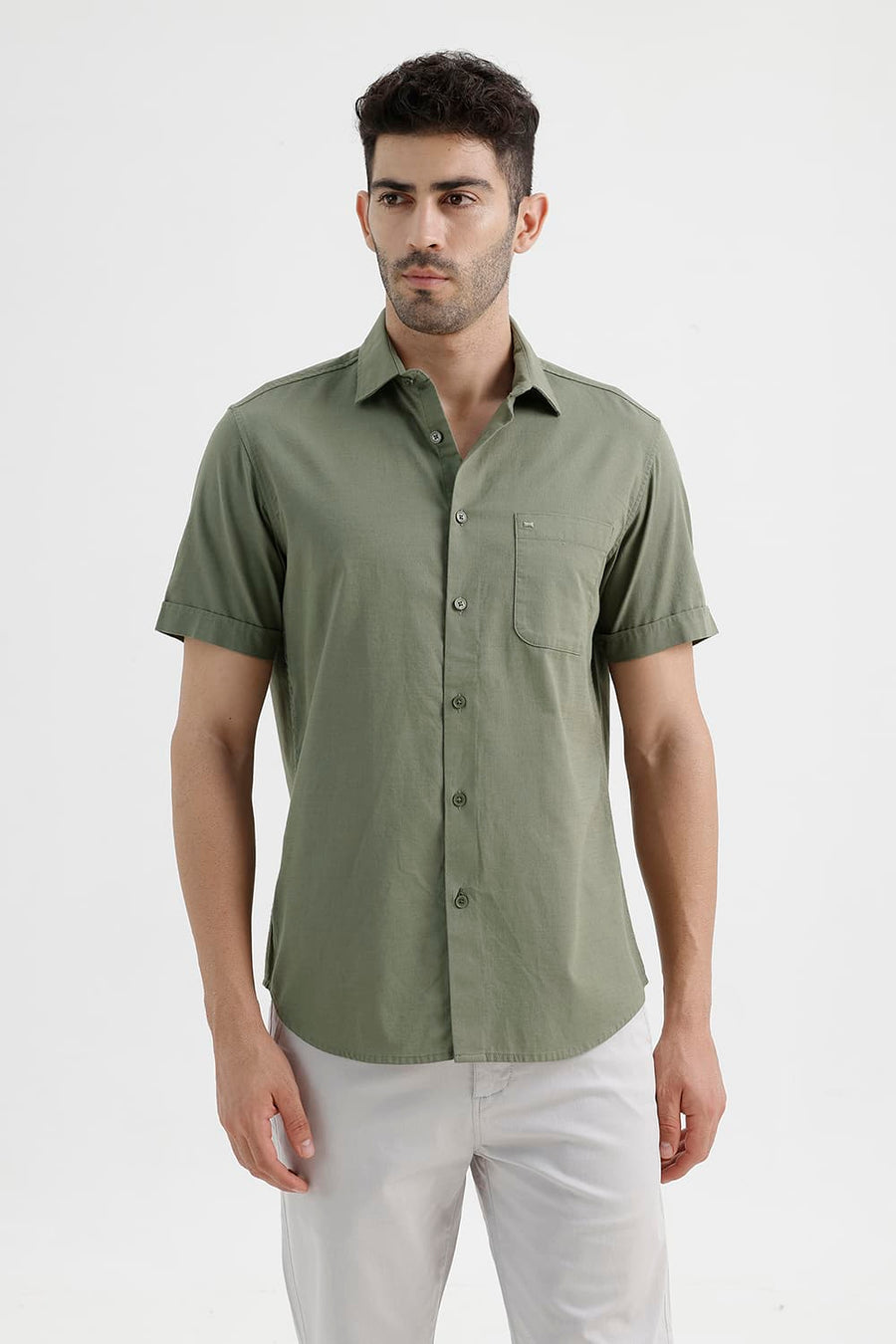 BASICS SLIM FIT LICHEN GREEN COTTON SLUB DOBBY HALFSLEEVES SHIRT