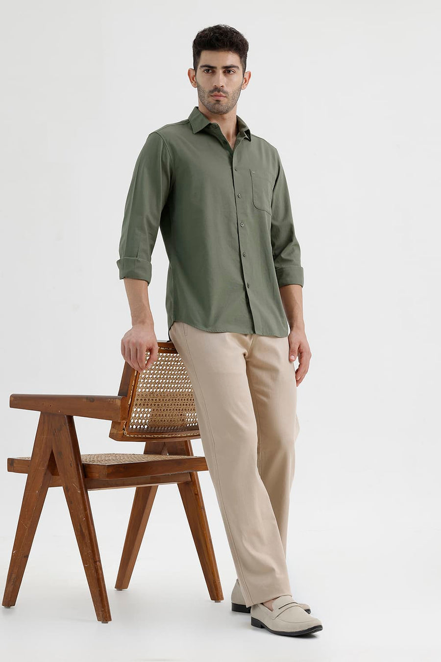BASICS SLIM FIT LICHEN GREEN COTTON SLUB DOBBY SHIRT