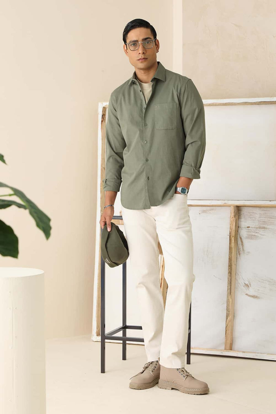 Basics Slim Fit Lichen Green Cotton Slub Dobby Shirt