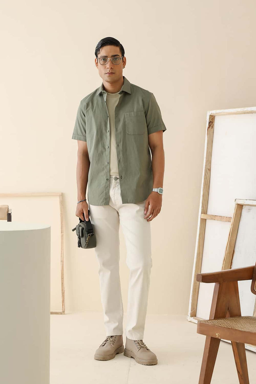 Basics Slim Fit Lichen Green Cotton Slub Dobby Halfsleeves Shirt