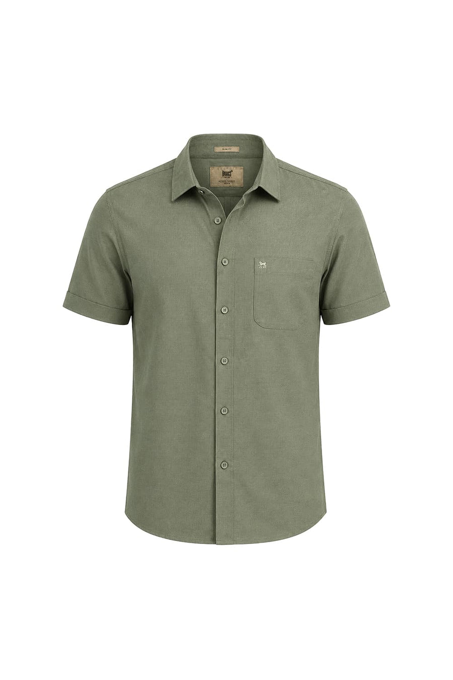 BASICS SLIM FIT LICHEN GREEN COTTON SLUB DOBBY HALFSLEEVES SHIRT