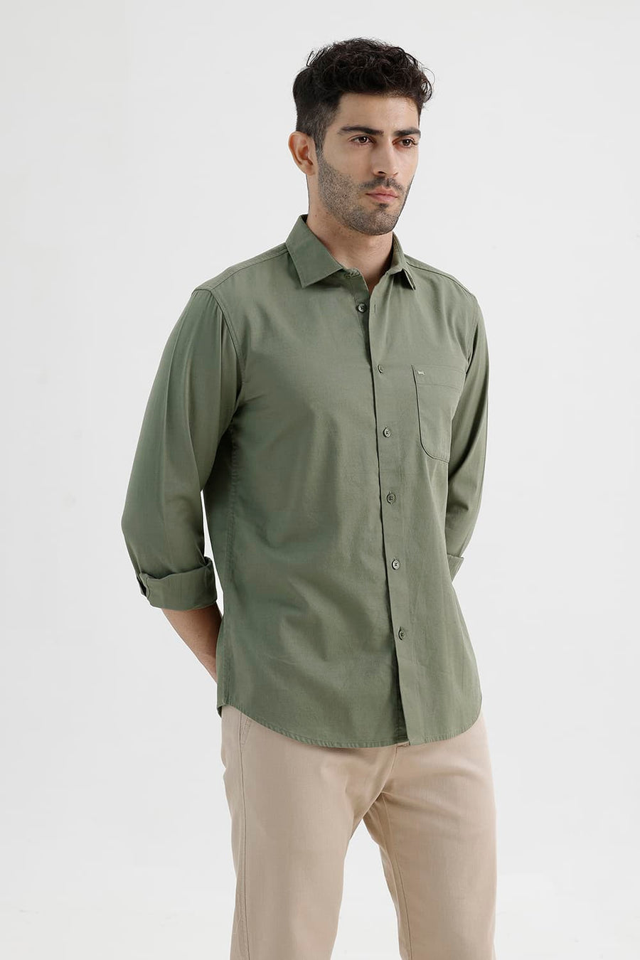 BASICS SLIM FIT LICHEN GREEN COTTON SLUB DOBBY SHIRT