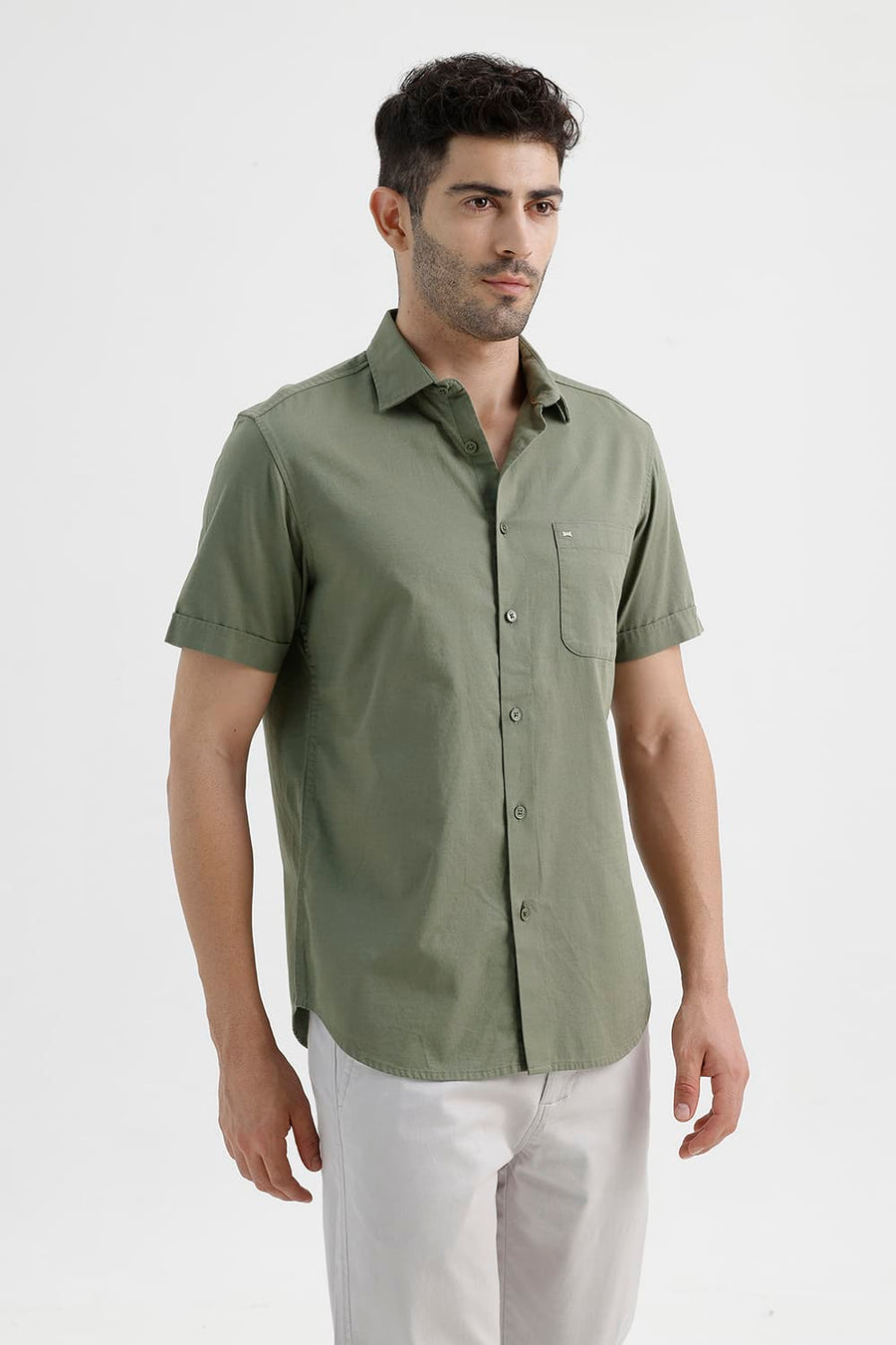 BASICS SLIM FIT LICHEN GREEN COTTON SLUB DOBBY HALFSLEEVES SHIRT