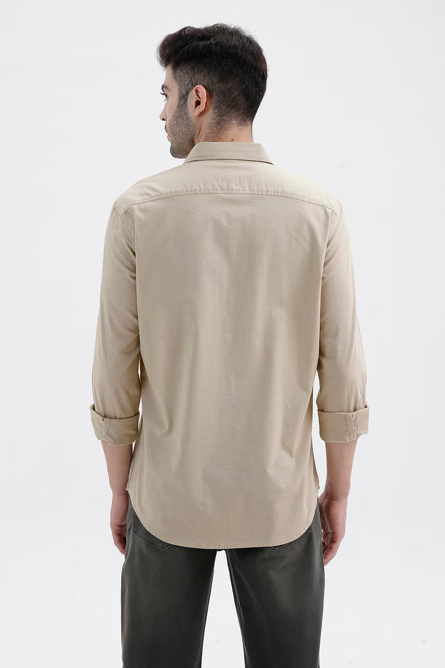 BASICS SLIM FIT RYE BEIGE COTTON SLUB DOBBY SHIRT