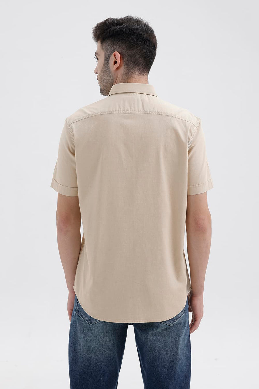 BASICS SLIM FIT RYE BEIGE COTTON SLUB DOBBY HALFSLEEVES SHIRT