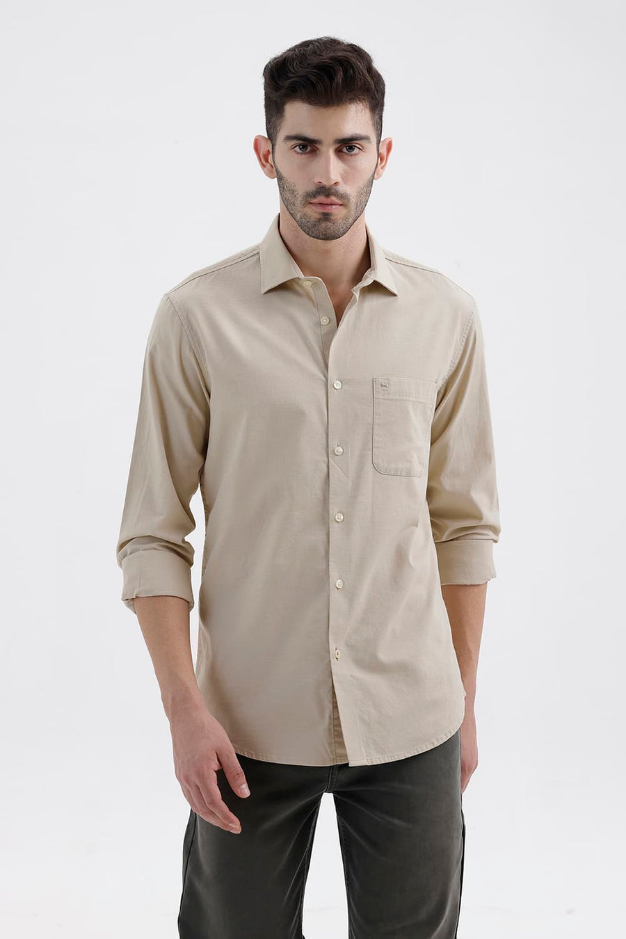 BASICS SLIM FIT RYE BEIGE COTTON SLUB DOBBY SHIRT