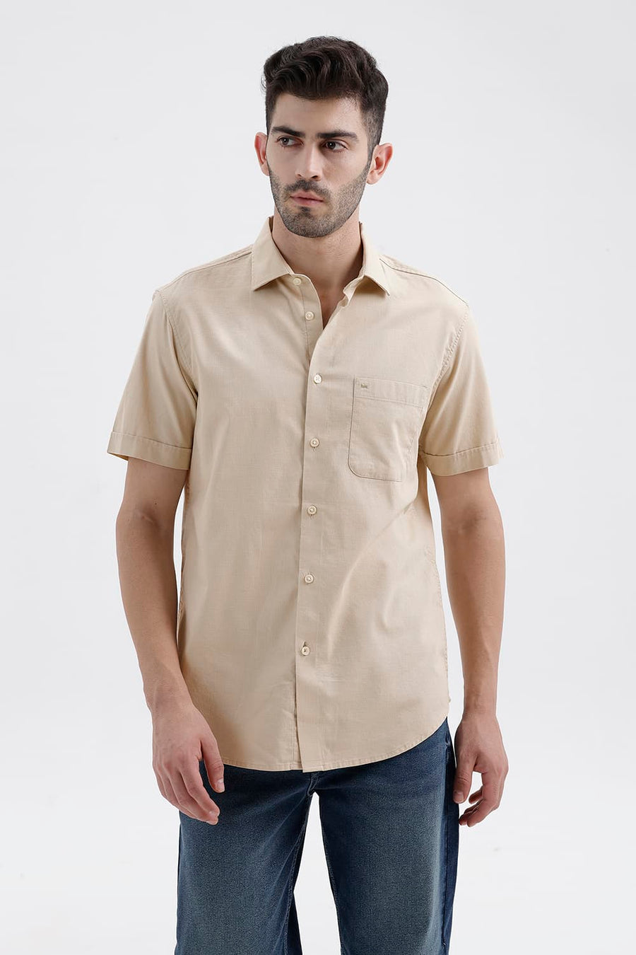 BASICS SLIM FIT RYE BEIGE COTTON SLUB DOBBY HALFSLEEVES SHIRT