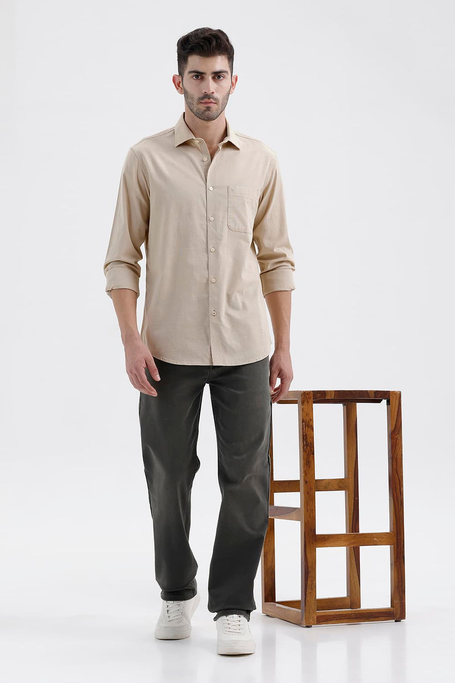 BASICS SLIM FIT RYE BEIGE COTTON SLUB DOBBY SHIRT