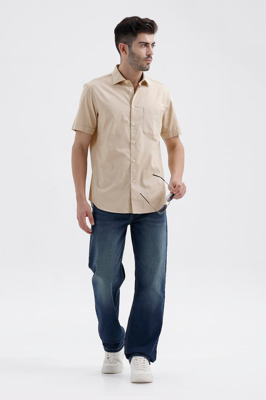 BASICS SLIM FIT RYE BEIGE COTTON SLUB DOBBY HALFSLEEVES SHIRT