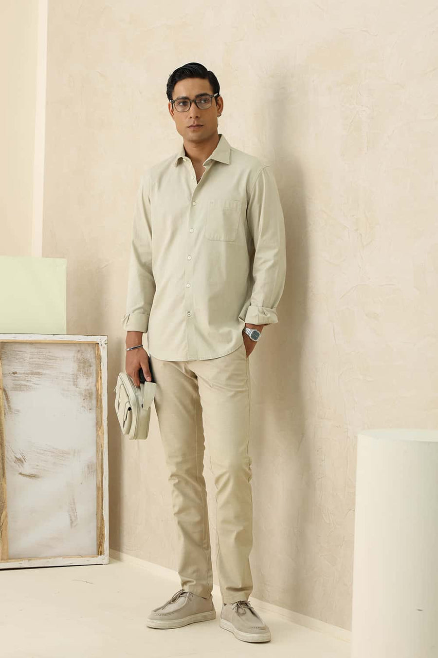 BASICS SLIM FIT RYE BEIGE COTTON SLUB DOBBY SHIRT