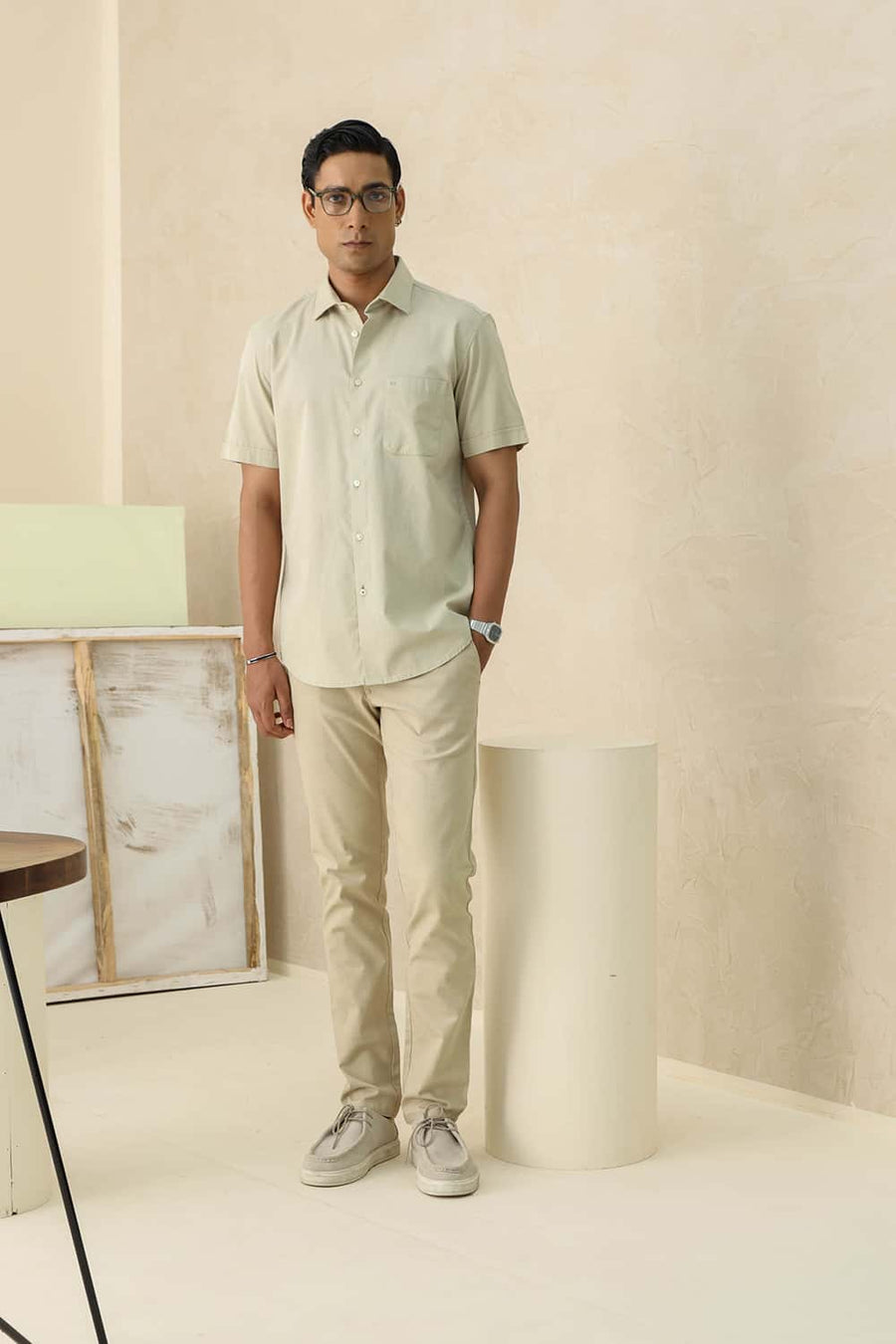 BASICS SLIM FIT RYE BEIGE COTTON SLUB DOBBY HALFSLEEVES SHIRT