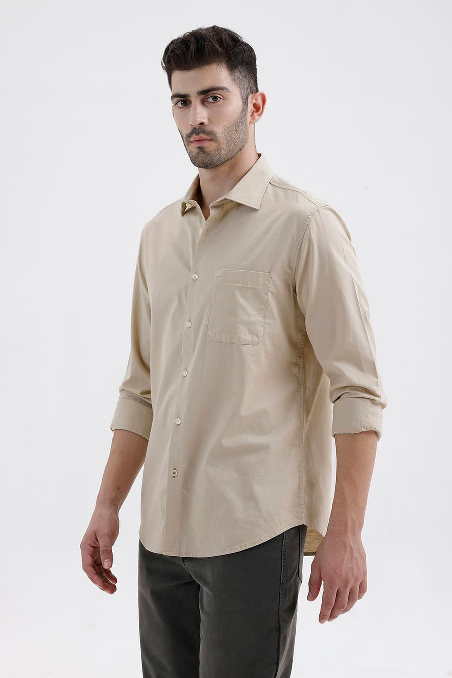 BASICS SLIM FIT RYE BEIGE COTTON SLUB DOBBY SHIRT