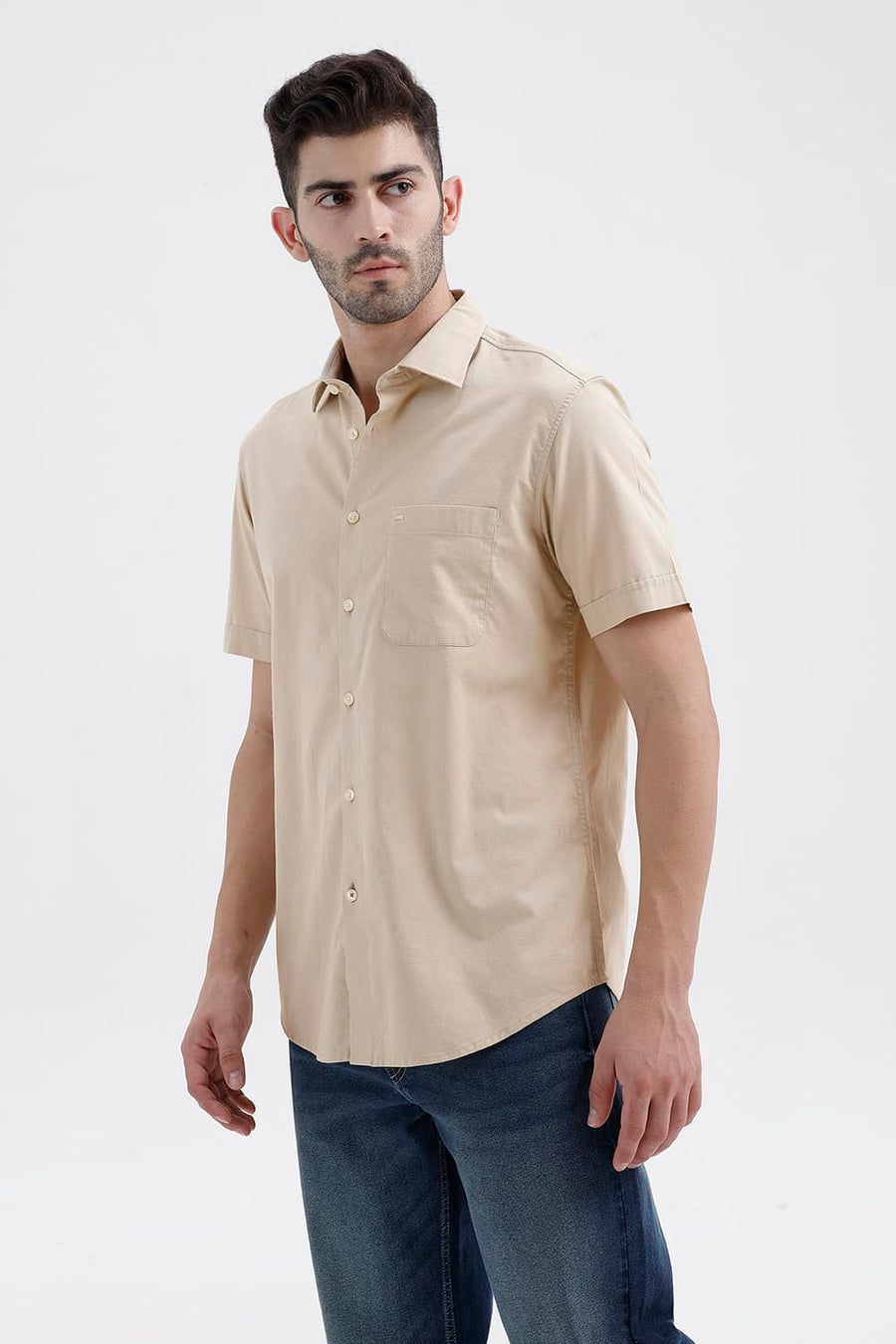 BASICS SLIM FIT RYE BEIGE COTTON SLUB DOBBY HALFSLEEVES SHIRT
