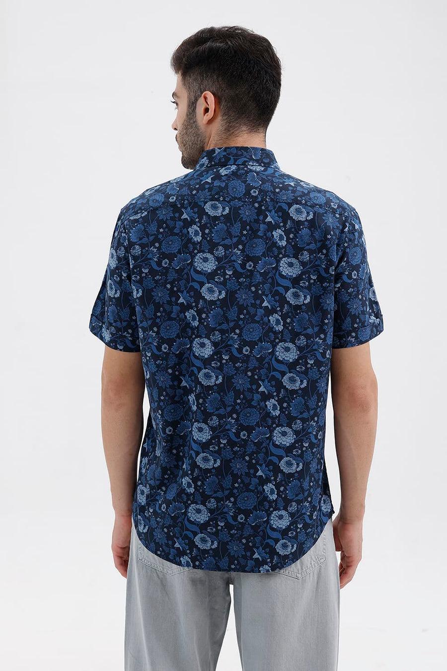 BASICS SLIM FIT BLAZER BLUE COTTON VISCOSE DIGITAL PRINTED HALFSLEEVES SHIRT