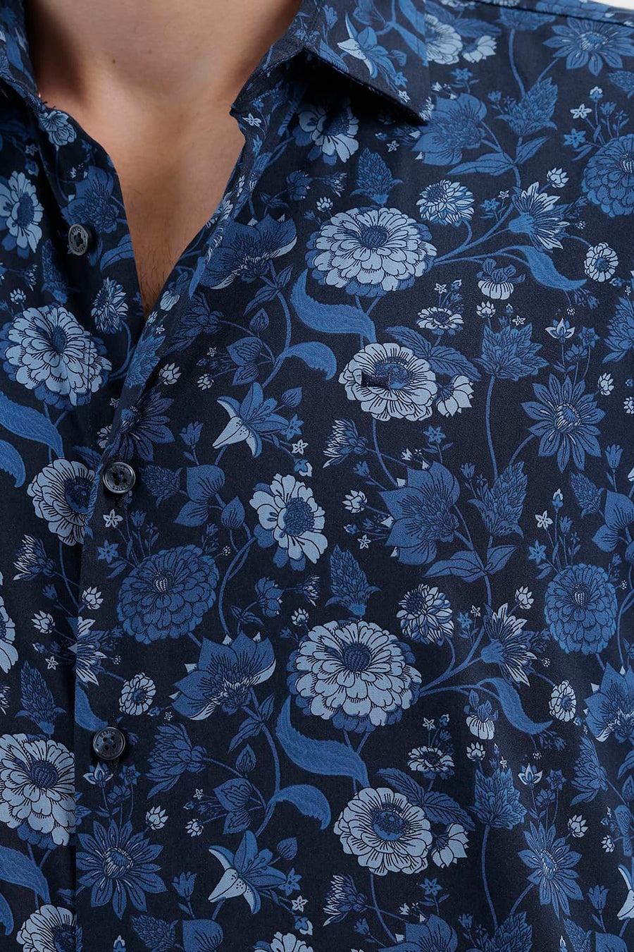 BASICS SLIM FIT BLAZER BLUE COTTON VISCOSE DIGITAL PRINTED HALFSLEEVES SHIRT