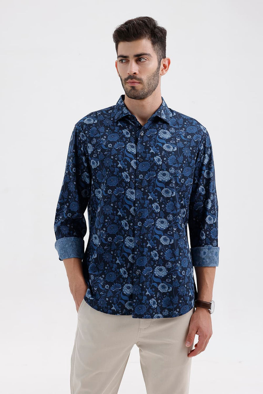 BASICS SLIM FIT BLAZER BLUE COTTON VISCOSE DIGITAL PRINTED SHIRT