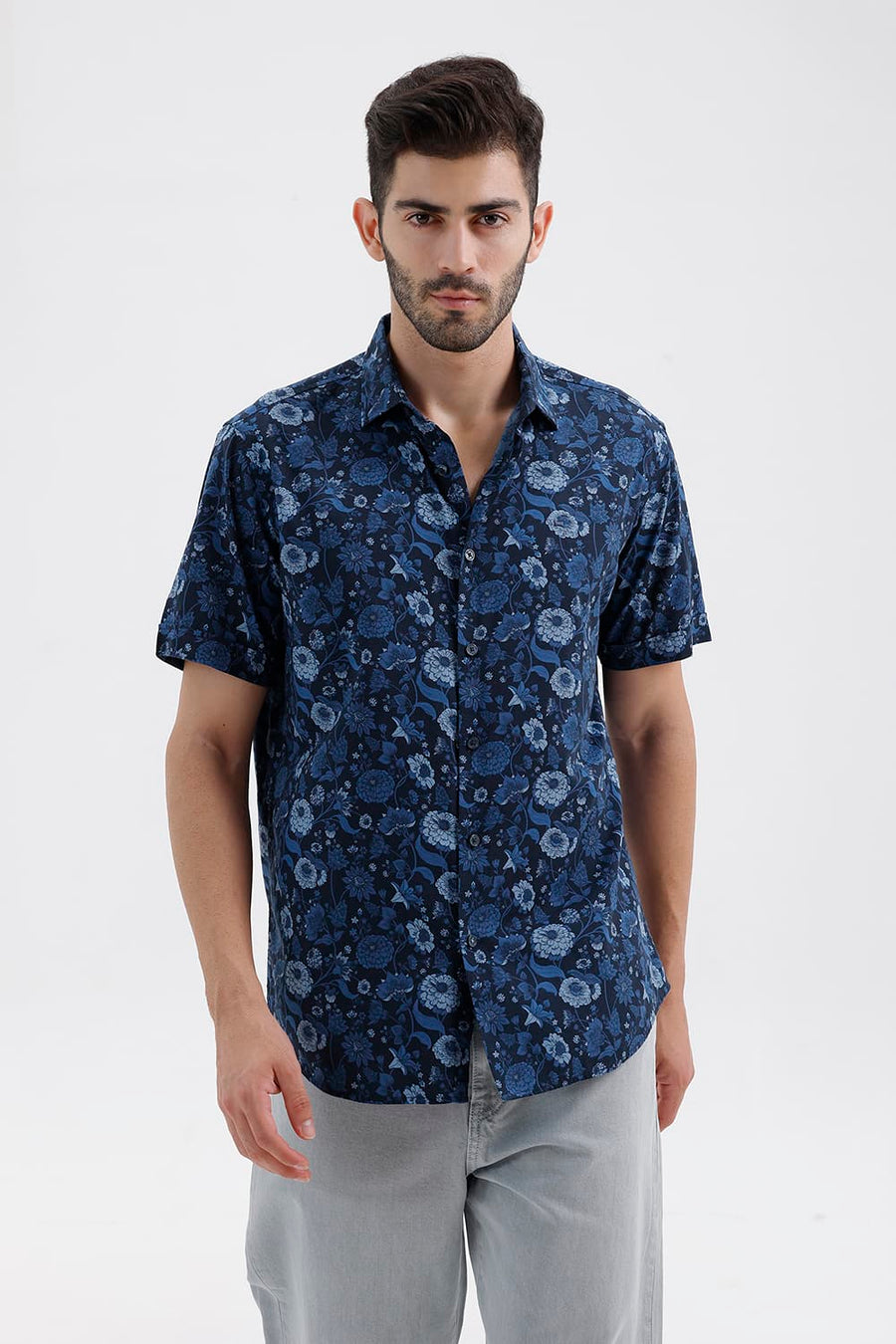 BASICS SLIM FIT BLAZER BLUE COTTON VISCOSE DIGITAL PRINTED HALFSLEEVES SHIRT