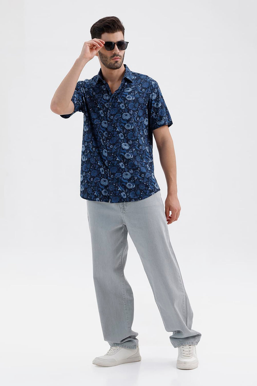 BASICS SLIM FIT BLAZER BLUE COTTON VISCOSE DIGITAL PRINTED HALFSLEEVES SHIRT