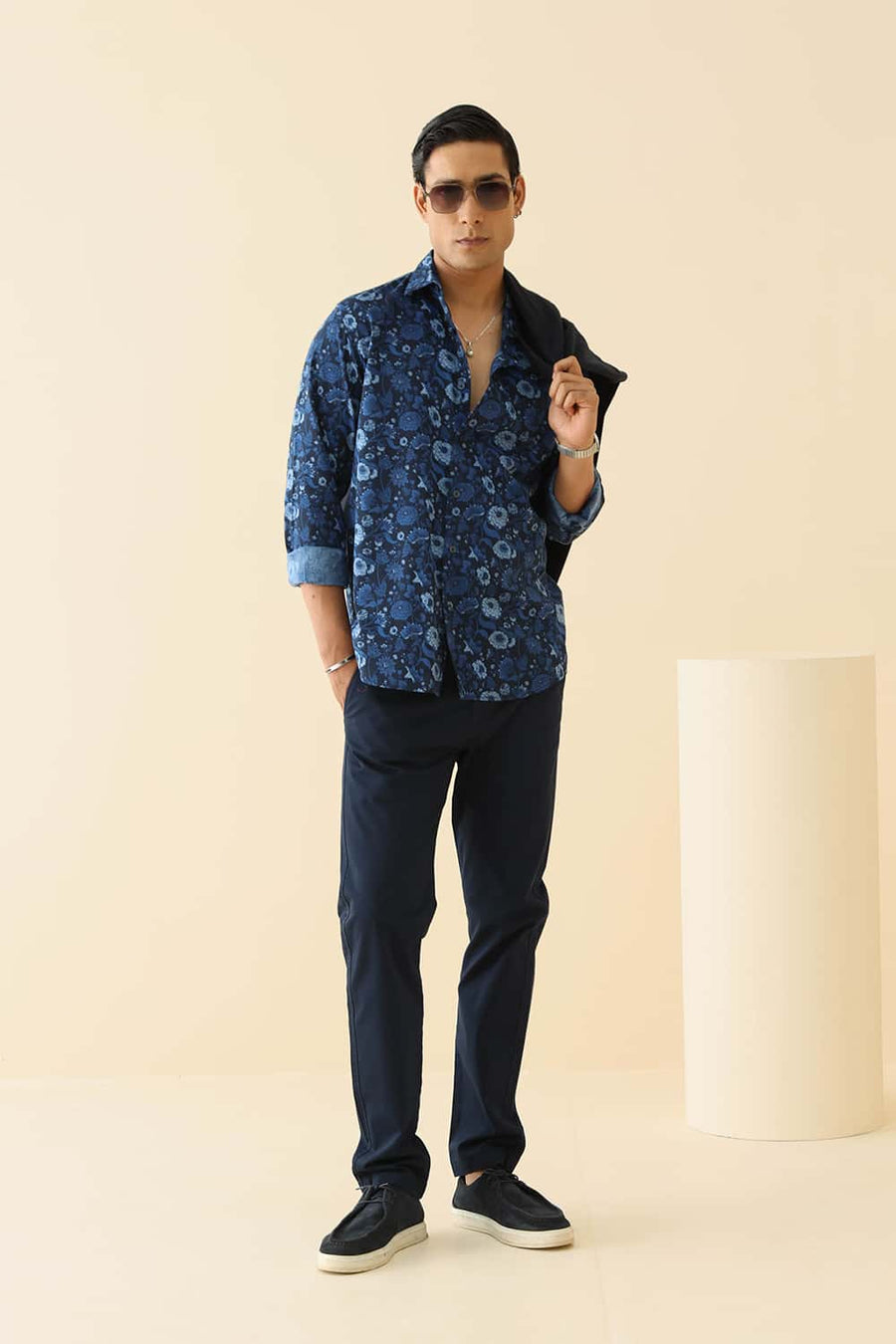 Basics Slim Fit Blazer Blue Cotton Viscose Digital Printed Shirt