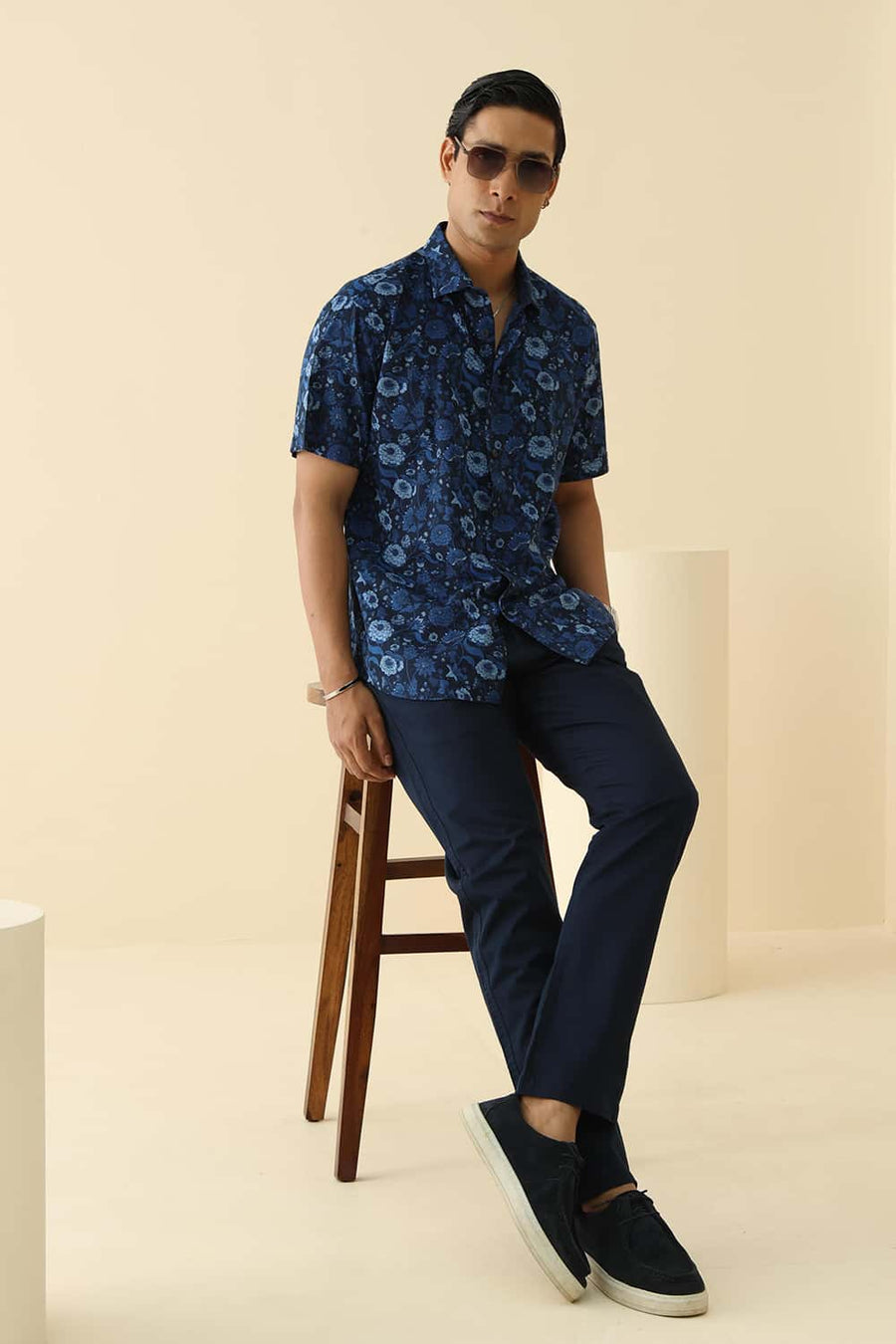 Basics Slim Fit Blazer Blue Cotton Viscose Digital Printed Halfsleeves Shirt