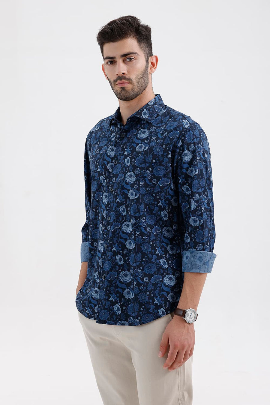BASICS SLIM FIT BLAZER BLUE COTTON VISCOSE DIGITAL PRINTED SHIRT