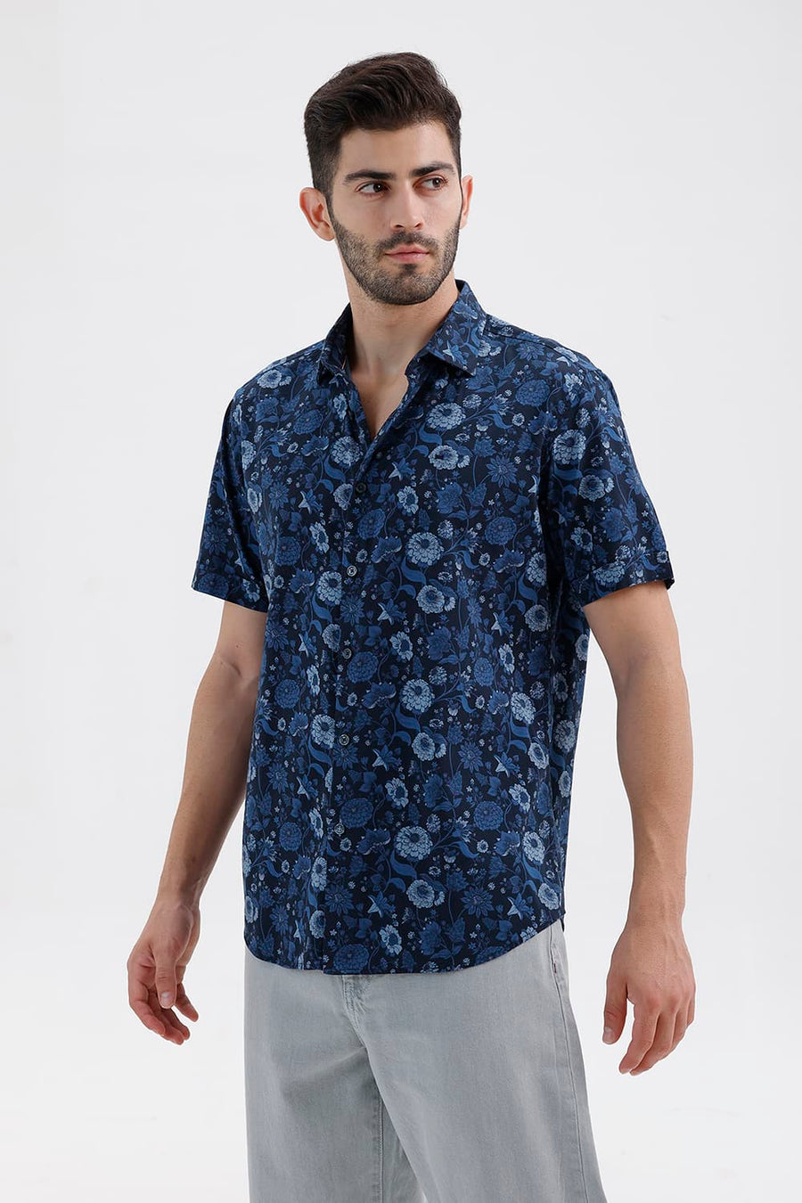 BASICS SLIM FIT BLAZER BLUE COTTON VISCOSE DIGITAL PRINTED HALFSLEEVES SHIRT