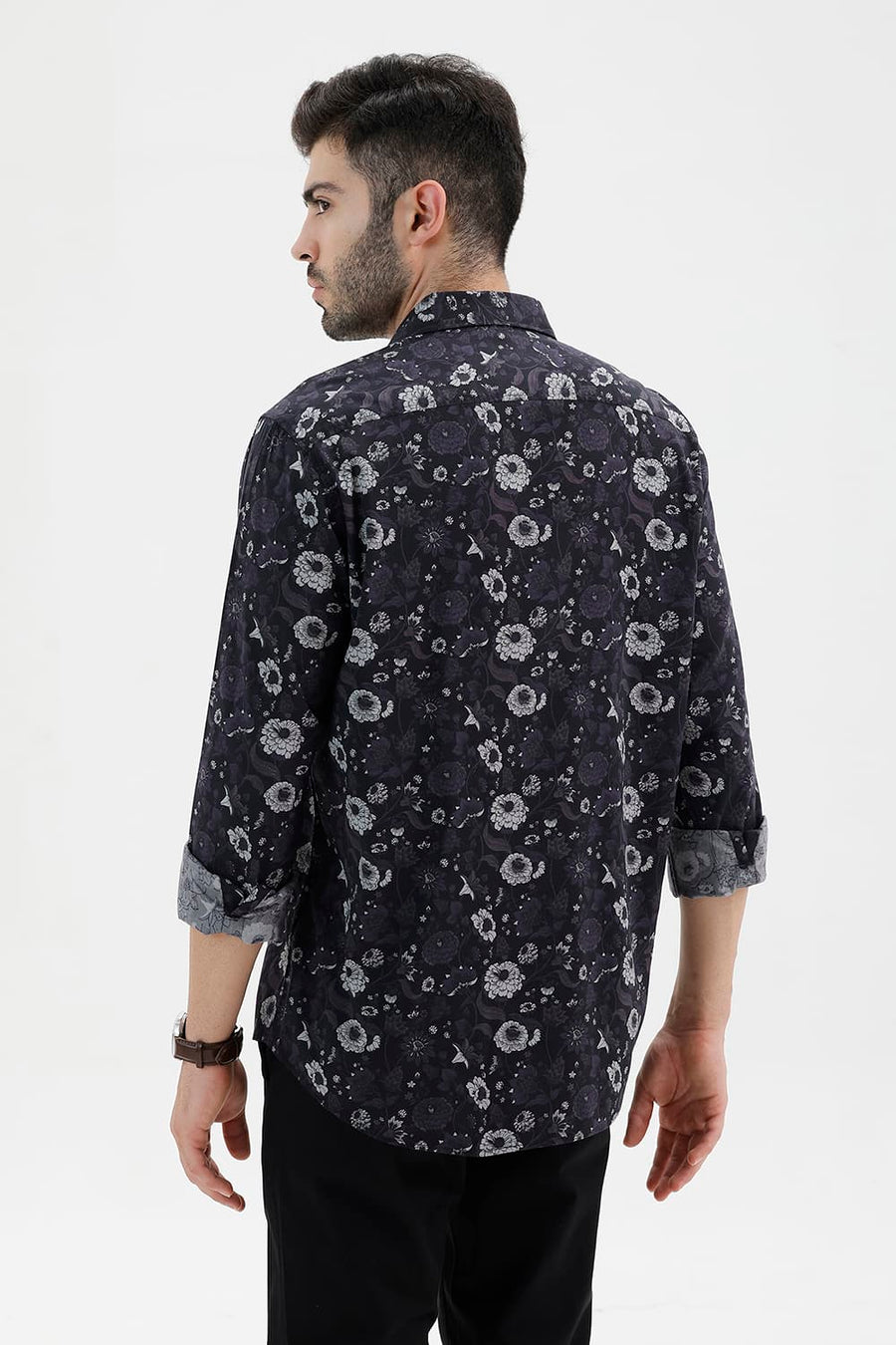 BASICS SLIM FIT BLACK SHOE COTTON VISCOSE DIGITAL PRINTED SHIRT