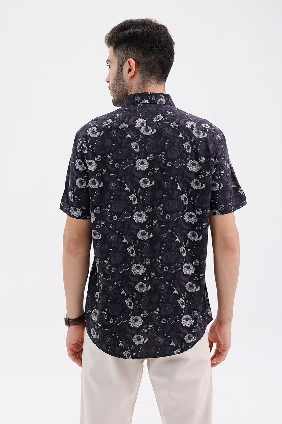 BASICS SLIM FIT BLACK SHOE COTTON VISCOSE DIGITAL PRINTED HALFSLEEVES SHIRT