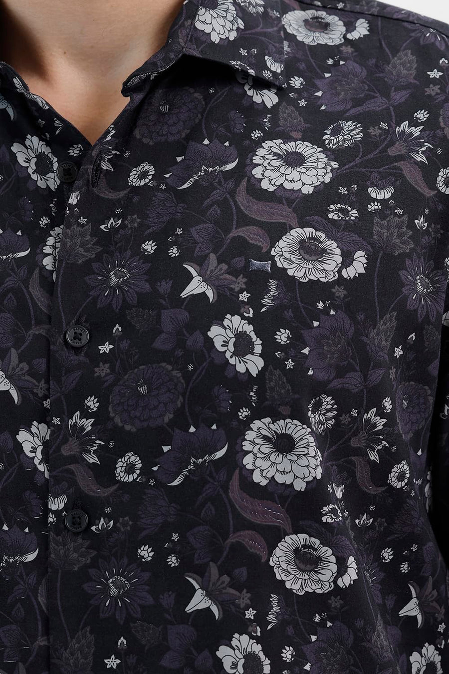BASICS SLIM FIT BLACK SHOE COTTON VISCOSE DIGITAL PRINTED SHIRT
