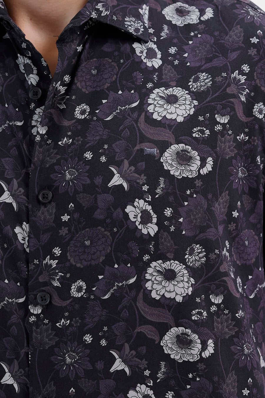 BASICS SLIM FIT BLACK SHOE COTTON VISCOSE DIGITAL PRINTED HALFSLEEVES SHIRT