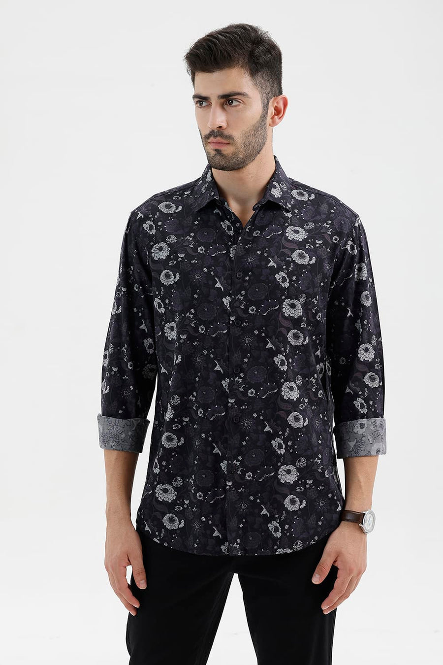 BASICS SLIM FIT BLACK SHOE COTTON VISCOSE DIGITAL PRINTED SHIRT