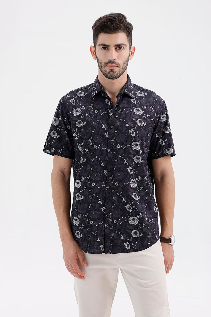 BASICS SLIM FIT BLACK SHOE COTTON VISCOSE DIGITAL PRINTED HALFSLEEVES SHIRT