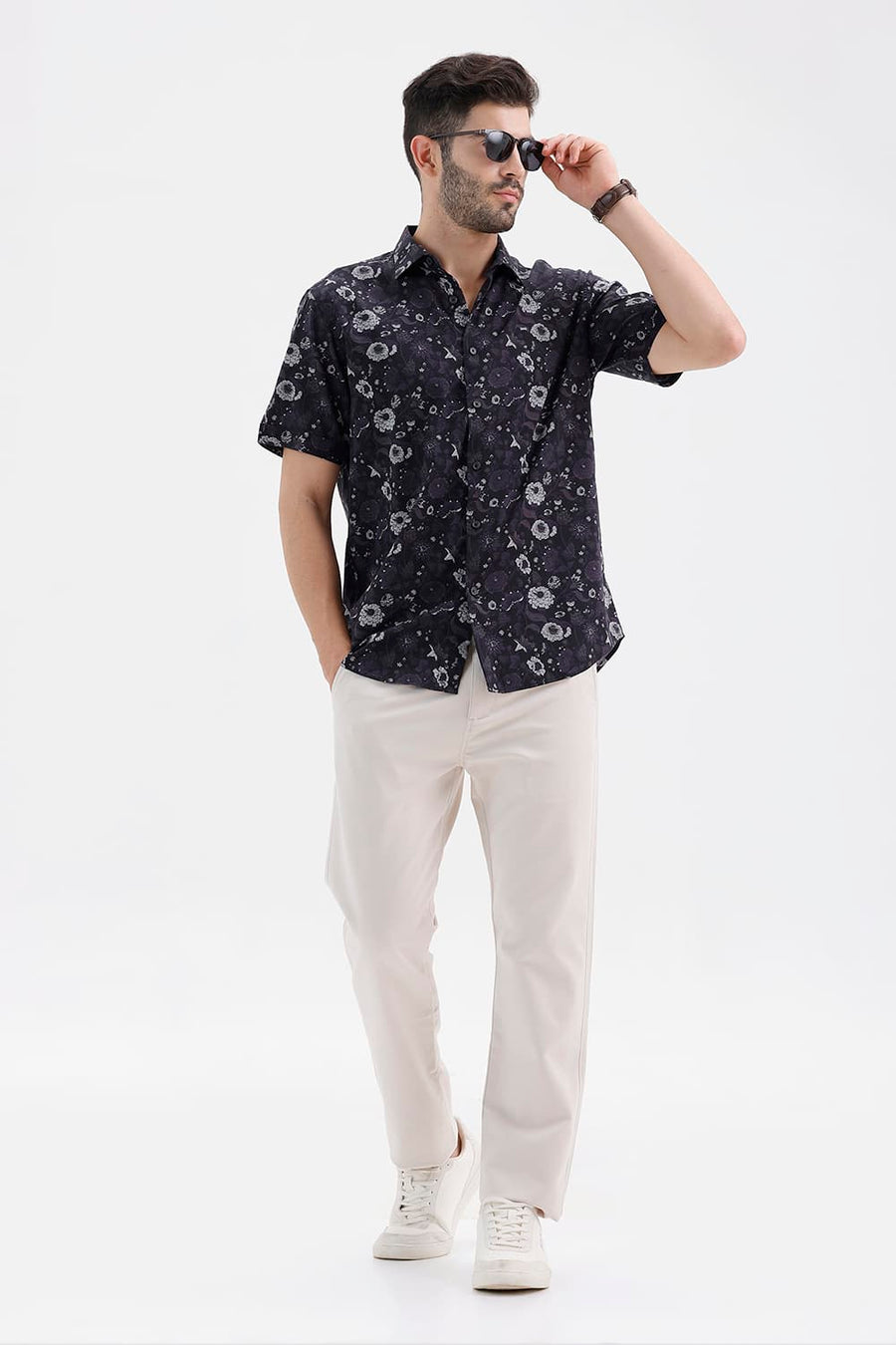 BASICS SLIM FIT BLACK SHOE COTTON VISCOSE DIGITAL PRINTED HALFSLEEVES SHIRT